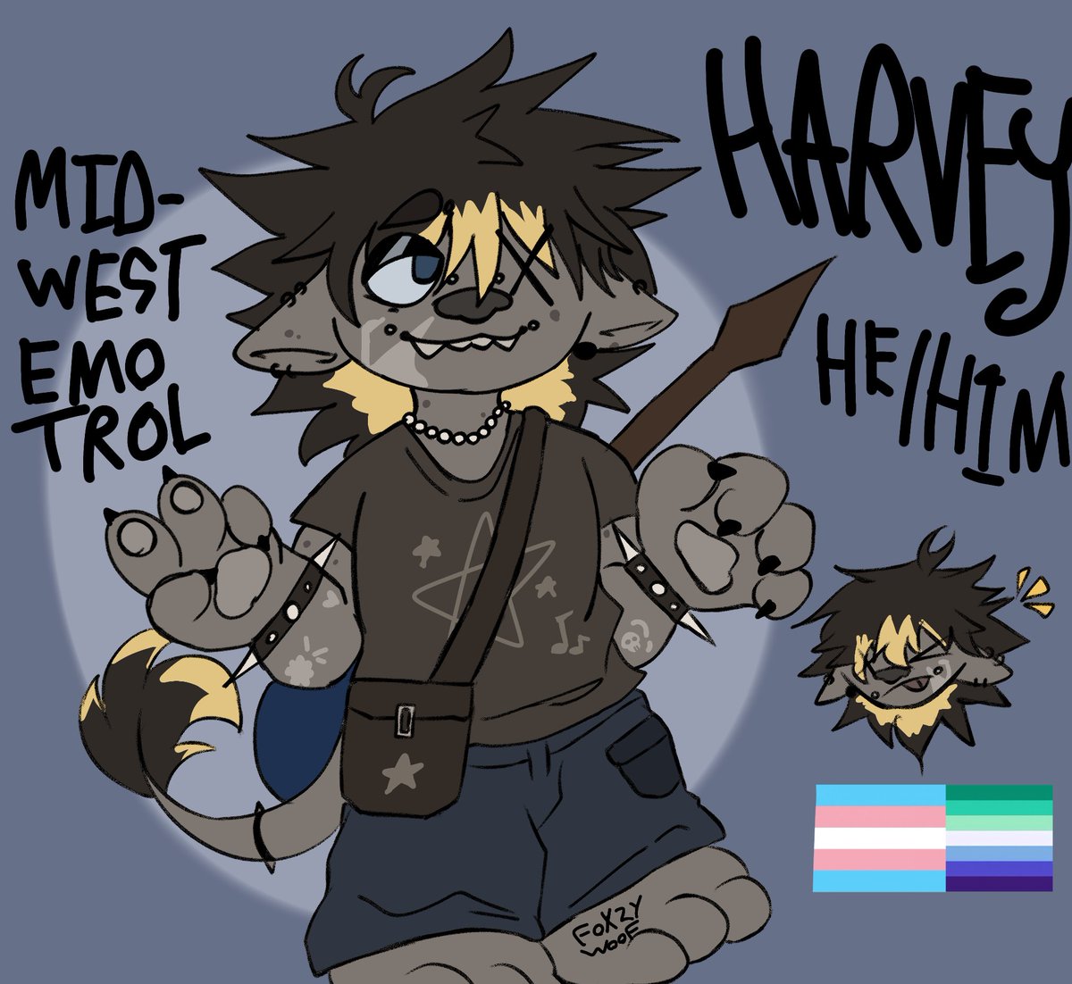 FoxzyWoof's tweet photo. Me when I make my bf a troll sona cause I love him sm. I'm still working on mine and then I'll make them GAY!!(Mid west emo trolls are my silly little thing they tend to wear baggy clothes, have one eye that's a shape and ears that point down, often carrying instruments on back) https://t.co/Nl1tqAw9BK