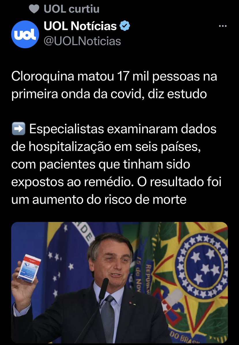 reinaldoazevedo's tweet photo. Estudo confirma o q a ciência já sabia, com todos os alertas devidamente feitos: cloroquina era inútil contra a Covid e induzia efeitos colaterais. Os q estimularam o consumo da droga no combate à doença, apesar das restrições da ciência, cometeram vários crimes. Têm de pagar. https://t.co/cu78jWhfka