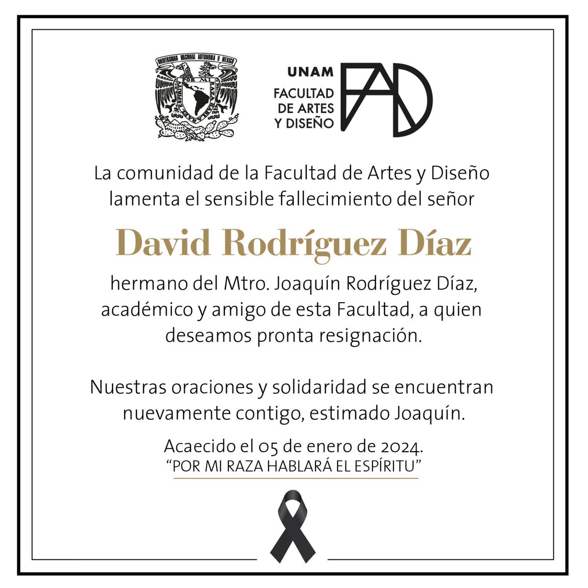 Lamentamos el sensible fallecimiento de David Rodríguez Díaz, hermano del Mtro. Joaquín Rodríguez. Estamos contigo en esta irreparable pérdida.