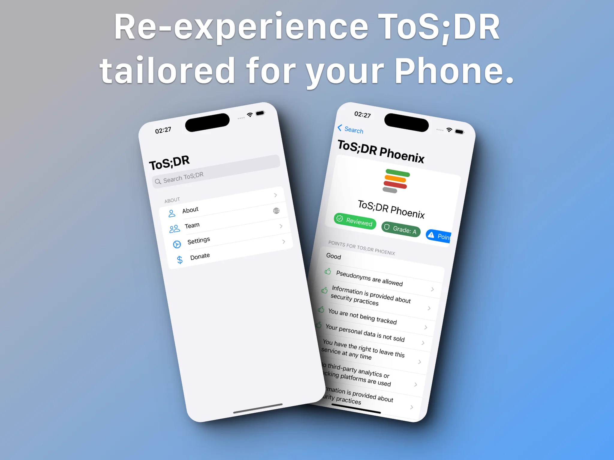 Two Screenshots showing the new ToS;DR app for IOS. 