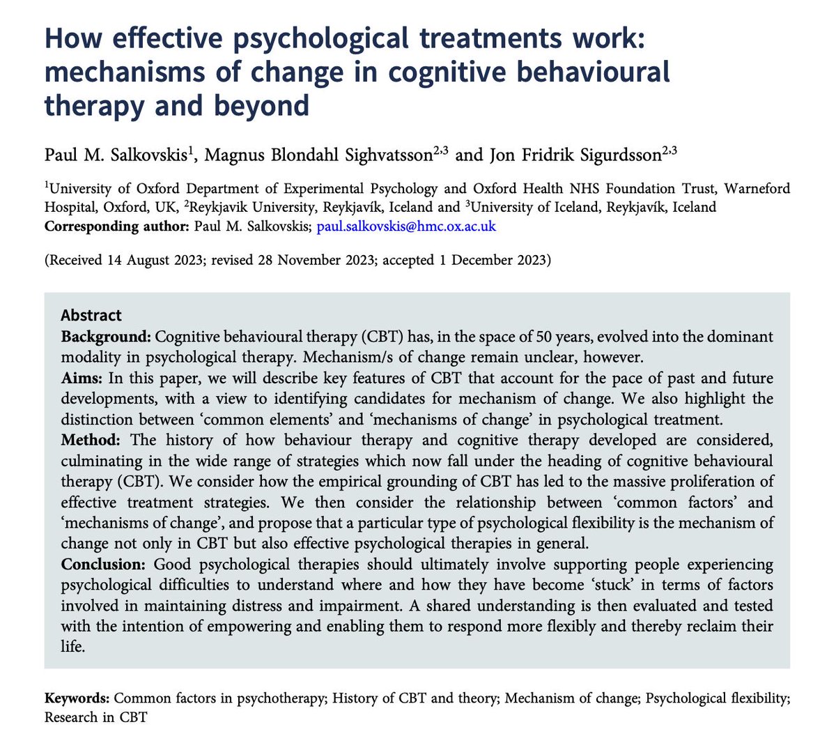 BCP New FirstView paper: How effective psychological treatments work: mechanisms of change in cognitive behavioural therapy and beyond 

Full free text at buff.ly/41LLmkq 

#CBTworks #therapy #psychotherapy