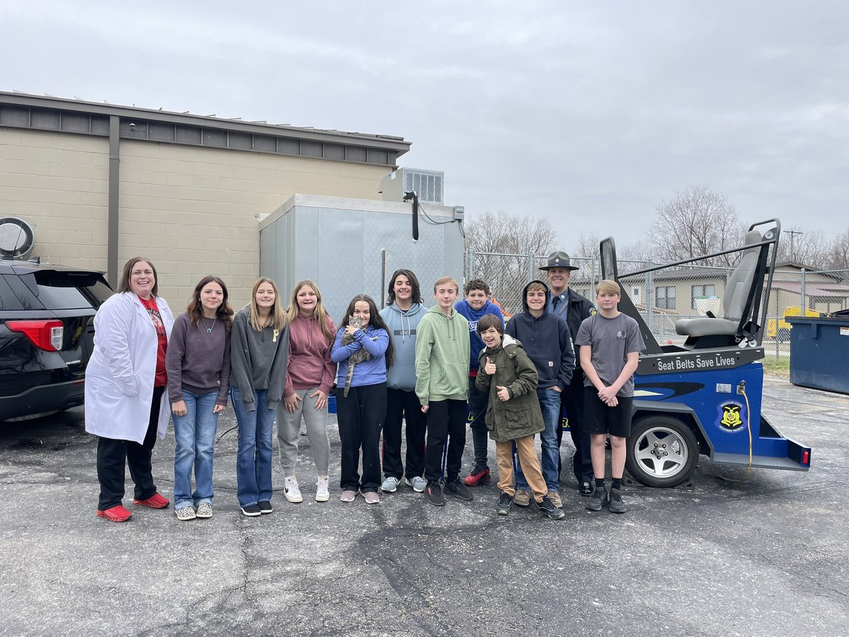MSHPTrooperA's tweet photo. New Year, same message, wear your seatbelt! It’s the #1 safety device in your car!

So, why not endure the cold and convince 8th graders at East Lynne School to wear their seatbelt 100% of the time?!? They’re convinced!!!

#EighthGradeScience #NewtonsLawsOfMotion 
#2024Goals https://t.co/Z4TZZgbfKW