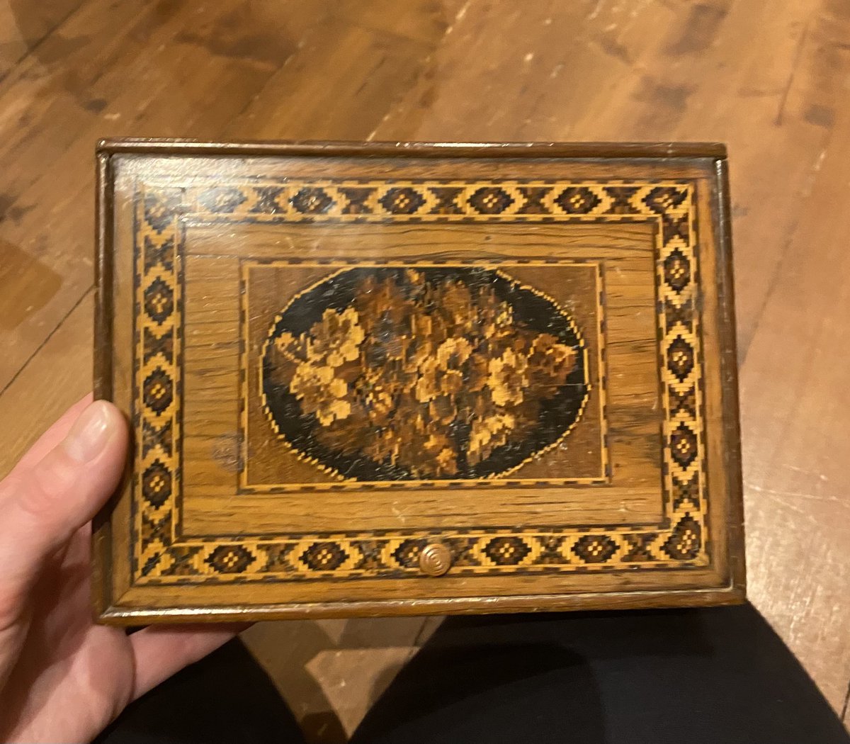 If I thought yesterday’s haul was good, it won’t beat a 1800s Tunbridge ware marquetry box, £4 from the Sally Army. I’m as pleased as the Victorian who first owned it.