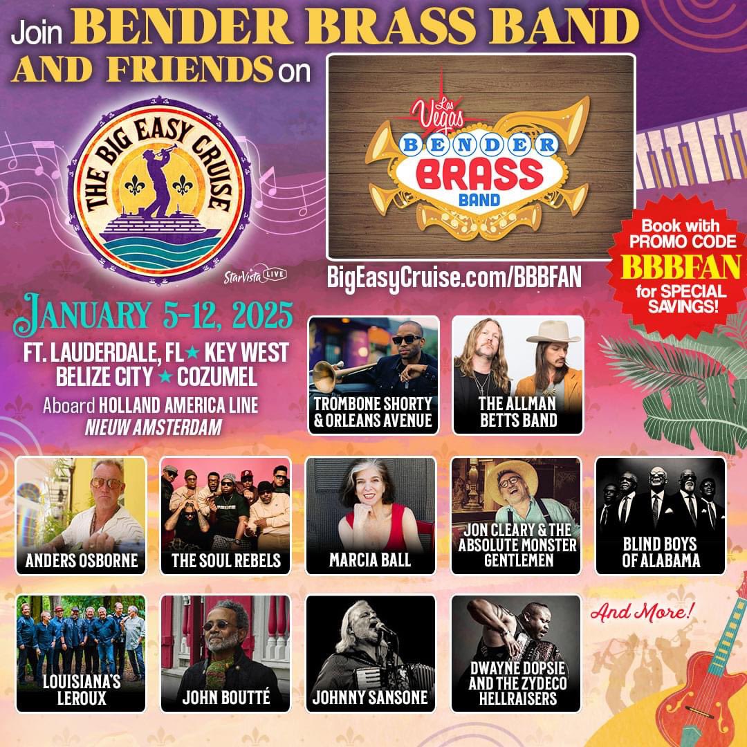 Sail with Team Bender, Bender Brass Band and our extended music family as we celebrate the music of New Orleans! Jan 5-12, 2025 Use our promo code BBBFAN to save on your cabin! bigeasycruise.com/BBBFAN