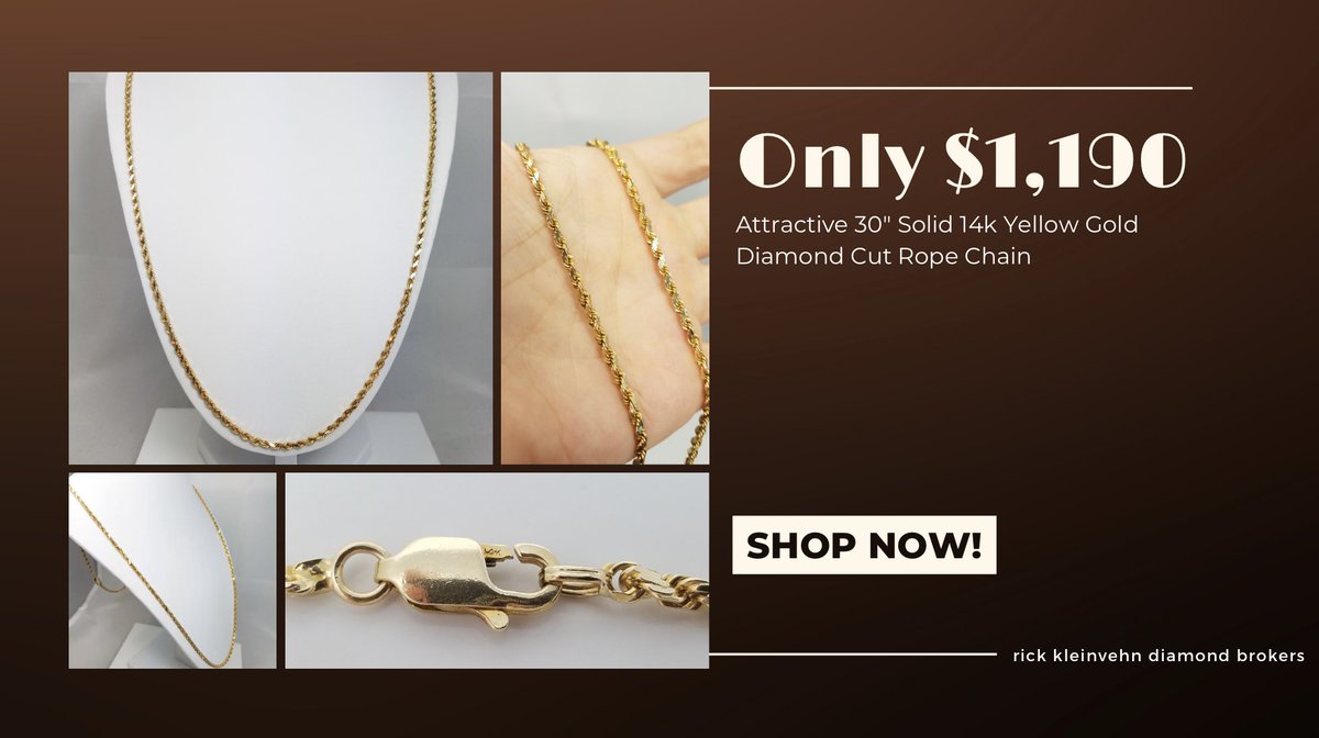 ONLY $1,190!🌟
Attractive 30' Solid 14k Yellow Gold Diamond Cut Rope Chain
facebook.com/rickkleinvehnd…
#rickkleinvehndiamondbrokers #gold #yellowgold #goldchain #goldjewelry #ropechain #goldjewelry #diamondcut #beautiful #fashion #finejewelry #friday #fridayvibes #FridayFeeling #love