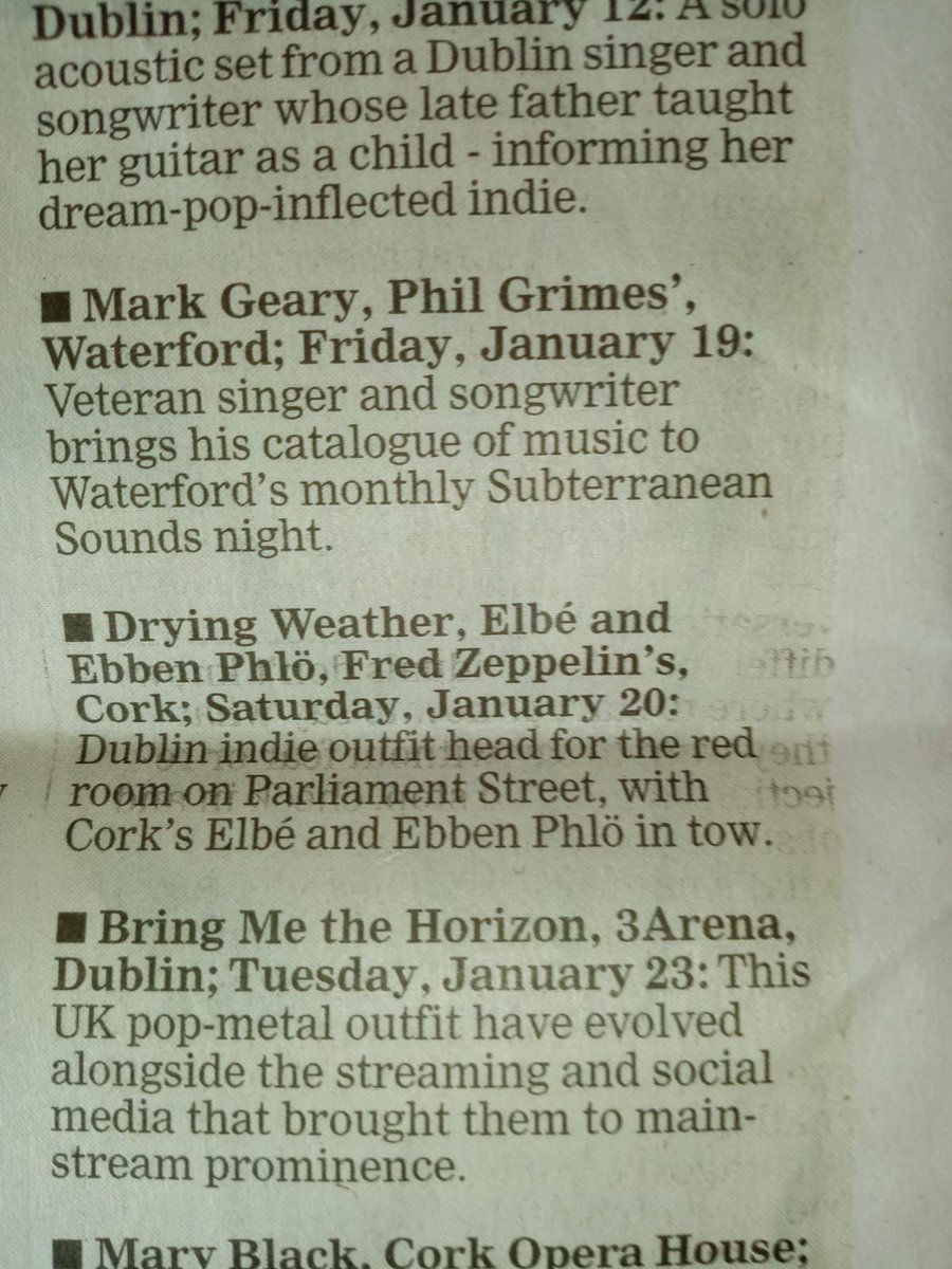 Drying Weather (@dryingweather) on Twitter photo Huge thanks to <a href="/irishexaminer/">Irish Examiner</a> for recommending our Cork show on 20 January with <a href="/Elbemusic/">elbé</a> + <a href="/EbbenPhlo/">Ebben Phlö</a> alongside heavy hitters like Bring Me the Horizon, Bombay Bicycle Club and Christy Moore ❤️🔥
Read more: irishexaminer.com/lifestyle/arts… Huge thanks to <a href="/irishexaminer/">Irish Examiner</a> for recommending our Cork show on 20 January with <a href="/Elbemusic/">elbé</a> + <a href="/EbbenPhlo/">Ebben Phlö</a> alongside heavy hitters like Bring Me the Horizon, Bombay Bicycle Club and Christy Moore ❤️🔥
Read more: irishexaminer.com/lifestyle/arts…
