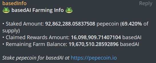 HostShawn's tweet photo. The prophecy has come tru. 

@pepecoins has is 69.420% of its supply staked...

What percent is any other meme staked?

#pepecoin #defi #Staking https://t.co/fWNhoq5qXM