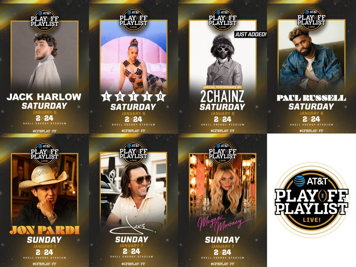 🏈🎤 @JackHarlow, <a href="/JonPardi/">Jon Pardi</a>, <a href="/Latto/">BIG MAMA</a>, @JakeOwen, @2Chainz, @_MegMoroney, and <a href="/PaulyRuss/">Paul Russell</a> will perform at AT&amp;T Playoff Playlist Live for <a href="/CFBPlayoff/">College Football Playoff</a> and <a href="/ATT/">AT&T</a> at <a href="/ShellEnergyStdm/">Shell Energy Stadium</a> this #NationalChampionship weekend!

You can watch a live stream of their performances on Saturday,