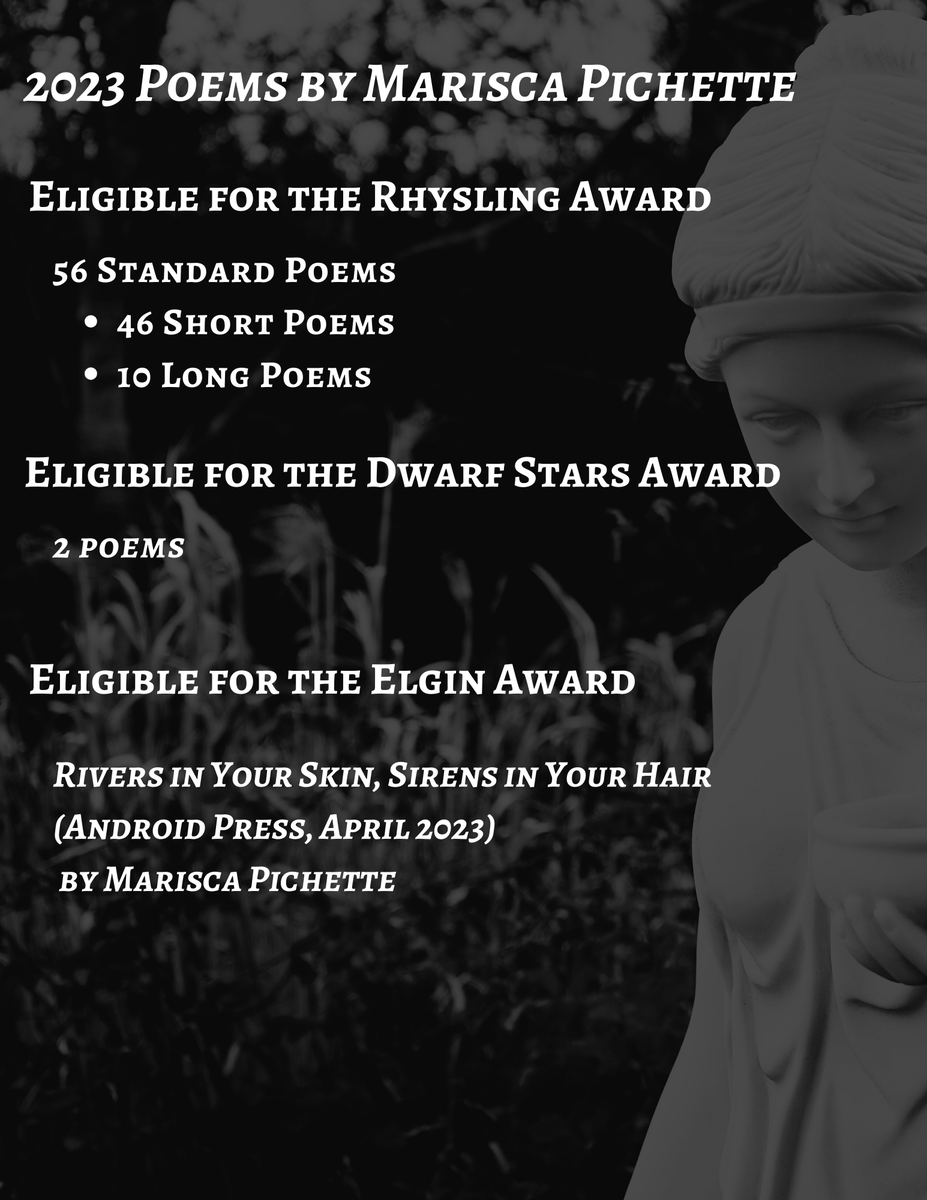 Marisca Pichette (she/they) 🐦⬛🌧️🕯️🪻 (@mariscapichette) on Twitter photo A quick breakdown of my 2023 poetry and which <a href="/sfpoetry/">SF & F Poetry Assn</a> awards it's eligible for 🌸
Rhysling nominations are open now!
You can find all my poetry linked on my website: mariscapichette.com/poetry A quick breakdown of my 2023 poetry and which <a href="/sfpoetry/">SF & F Poetry Assn</a> awards it's eligible for 🌸
Rhysling nominations are open now!
You can find all my poetry linked on my website: mariscapichette.com/poetry