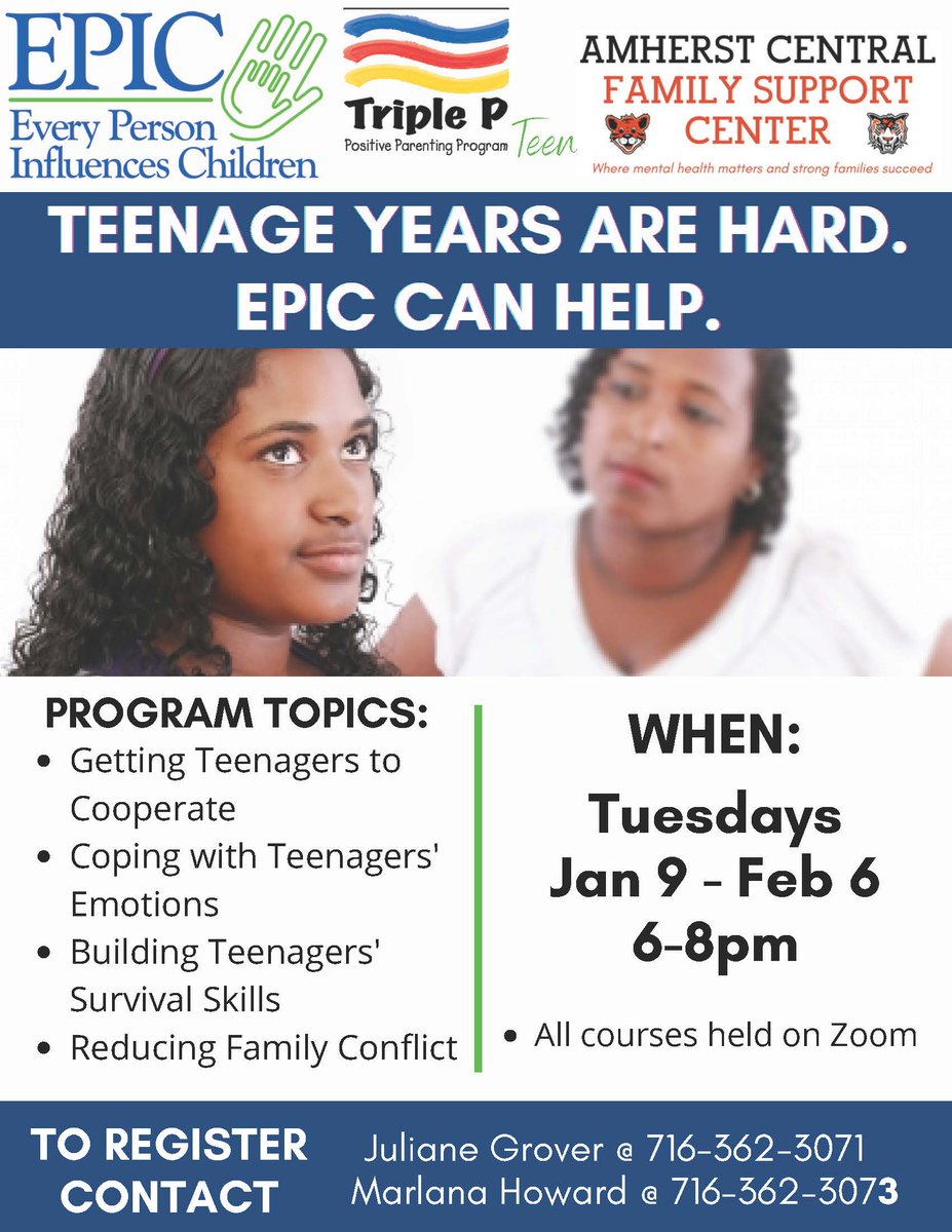 Parenting teenagers is hard work! The Family Support Center has sponsored the EPIC Teenage Year program for parents of teens. There are lots of openings and it starts next Tuesday, Jan. 9. Call the FSC to register.