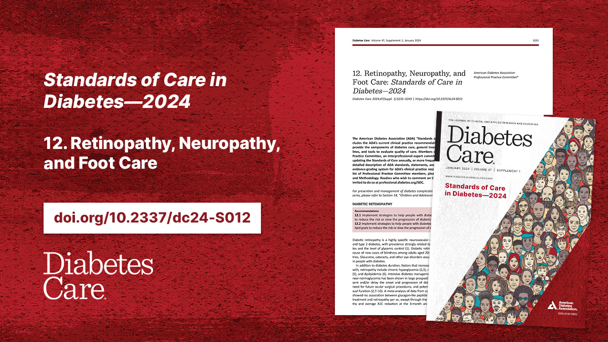 📚Standards of Care in Diabetes—2024  

🔎Access Section 12 (free): Retinopathy, Neuropathy, and Foot Care 
👀doi.org/10.2337/dc24-S…… 

#diabetes #standardsofcare #soc2024

@DiabetesCareADA @ADA_DiabetesPro @AmDiabetesAssn
