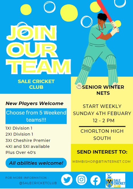 We need you!!! Sale Cricket Club are looking to strengthen their senior squads ahead of the 2024 season! All abilities welcome down to Winter Nets starting 4th February @ Chorlton High South from 12pm-2pm. Hope to see you there! #salem33 @saletowntoday