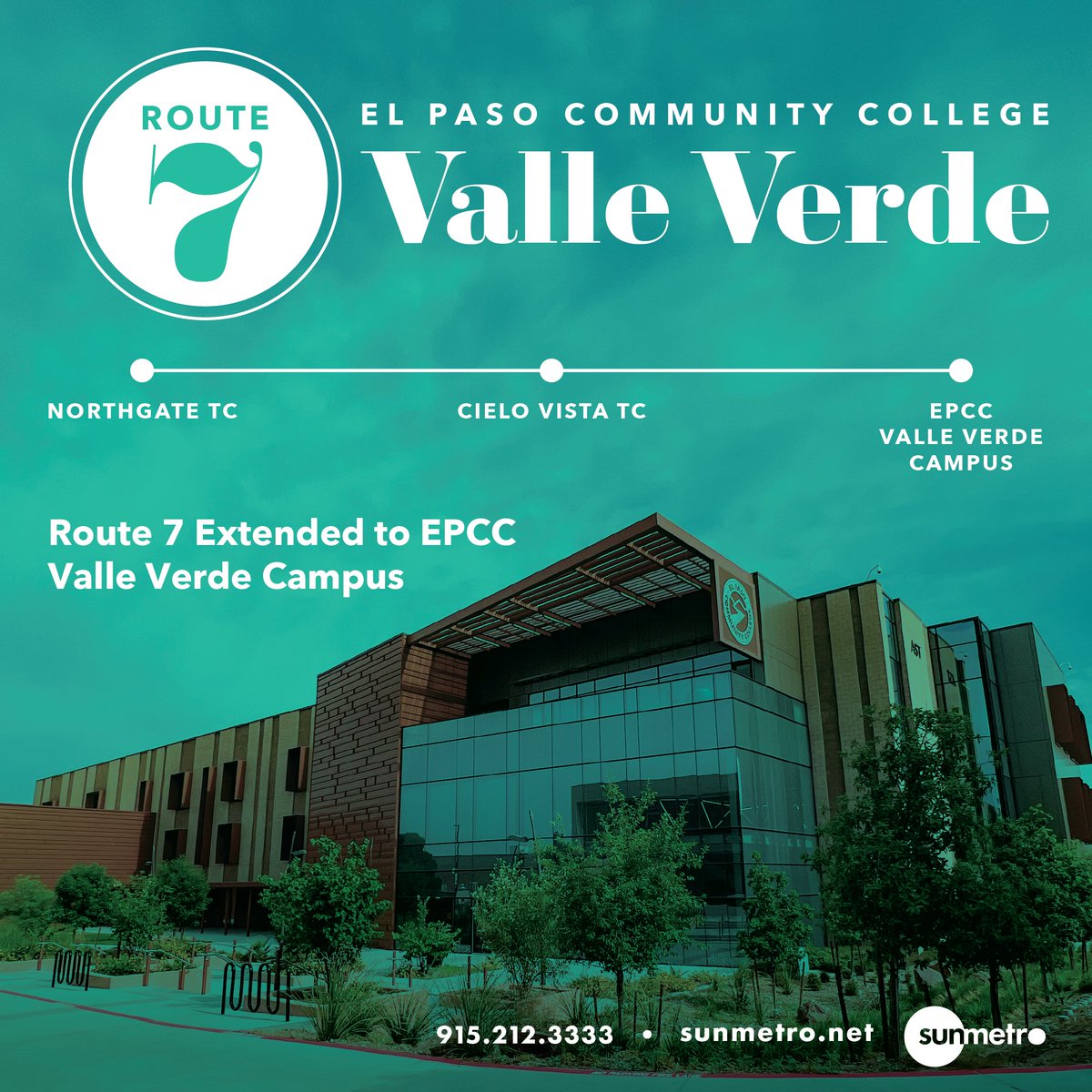 SunMetro's tweet photo. Route 7 now takes you to EPCC Valle Verde Campus! Hop on and ride from the Northeast or Cielo Vista TC.
View the map: https://t.co/k3dh2di32M
Or call 915-212-3333
#SunMetro #RideSunMetro #ValleVerde #EPCC #TheBestPlaceToStart #EPCCpride #SunCity #EPTX #NewRoute #Route7 https://t.co/qH2Kv2m7cq