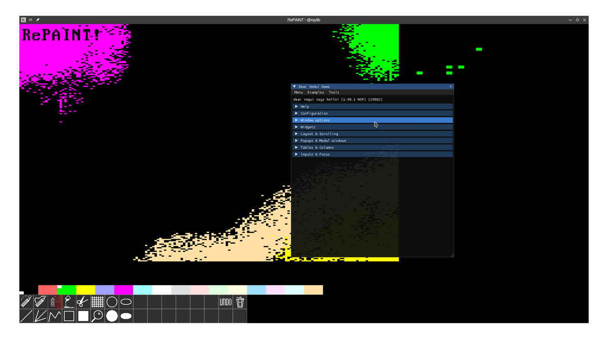 xavierMessner's tweet photo. RePAINT! with @raylibtech and using @ocornut's #dearimgui. First try !
Capturing events seems to work great. Need some work to add features now !
#repaint #pixelart #retro #retrocomputing https://t.co/CuUnv5Q21C