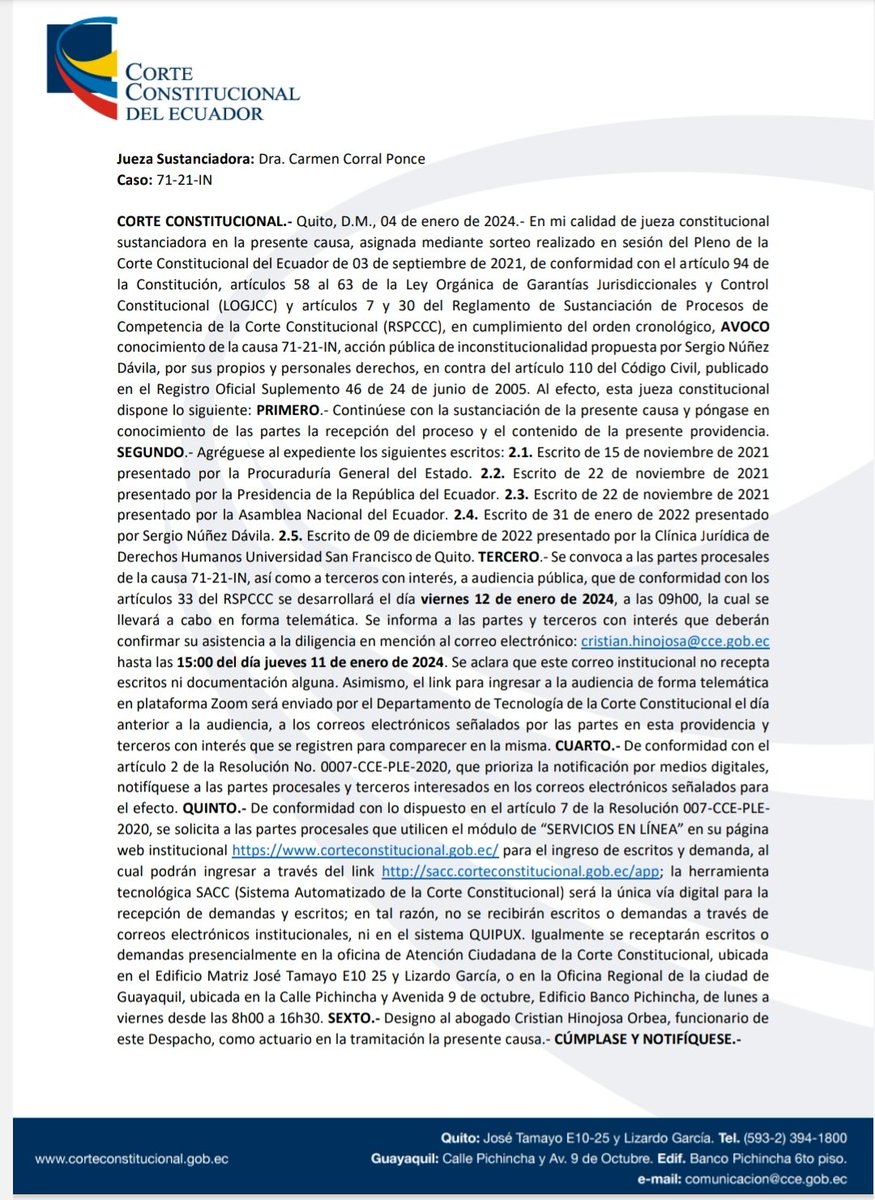 NestorToroH's tweet photo. El 12 de enero en la Corte Constitucional se dará la audiencia de  la demanda de inconstitucionalidad al artículo 110 del Código Civil referente al divorcio contencioso. Si la CC lo declara inconstitucional, Ecuador se sumaría a los países que reconocen el divorcio unilateral.

En la Asamblea también se están tramitando reformas en ese sentido.
