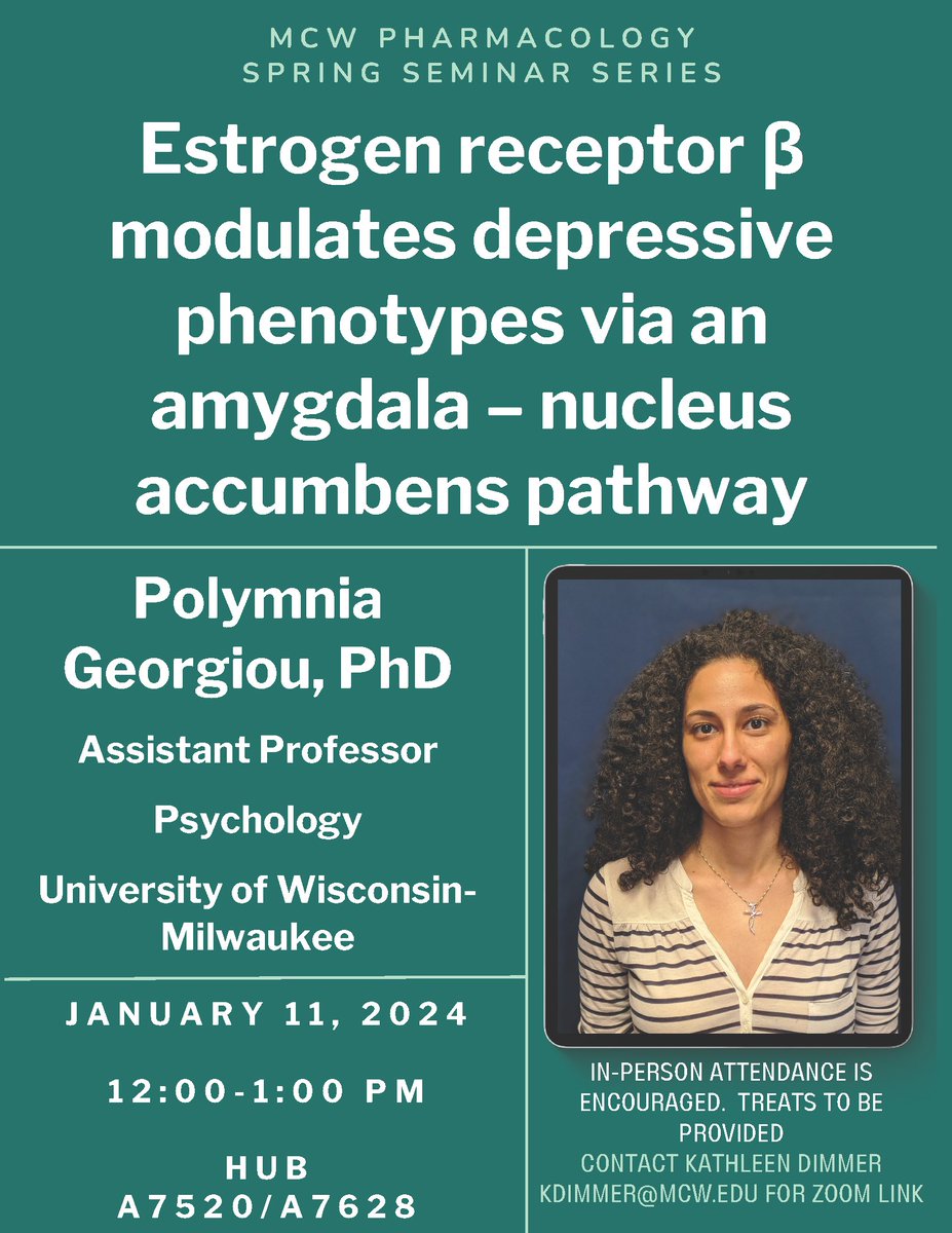 TODAY @ 12PM Join @McwPharmTox for their upcoming seminar by @PolymniaG of @UWMPsychology Department: 'Estrogen receptor β modulates depressive phenotypes via an amygdala – nucleus accumbens pathway'! 🧠🧪👩‍🔬