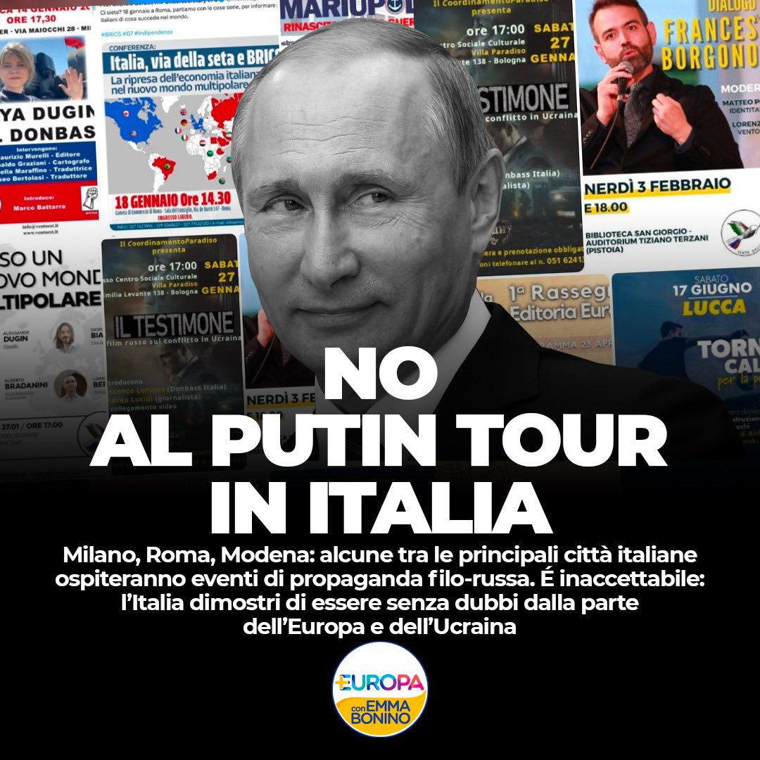 Piu_Europa's tweet photo. “Mariupol. La rinascita dopo la guerra”. È questo l’incredibile titolo dell’evento che si terrà il 20 gennaio in una sala civica del Comune di Modena con l’intenzione di “raccontare” la ricostruzione da parte della Russia della città simbolo dell’invasione russa in Ucraina. 

Informazioni false e paradossali che annunciano l’arrivo di una vera e propria campagna di propaganda filo-putiniana in Italia. Anche Milano, Roma, Lucca e Bologna ospiteranno questo mese diverse iniziative organizzate da associazioni filo-russe con la presenza tra gli altri di personalità del calibro di Alexandr Dugin, ideologo di #Putin.

Il tentativo del Cremlino è chiaro: scardinare il sostegno del nostro Paese all’#Ucraina e indebolire l’Europa proprio in prossimità delle elezioni europee. Per questo motivo, proprio ora, serve ribadire con ancora più forza il nostro totale sostegno al popolo ucraino: l’Italia non deve cedere al tentativo di Putin di negare la sua responsabilità nell’ invasione russa dell’Ucraina ma restare saldamente con l’#Europa unita a fianco di Kiev.