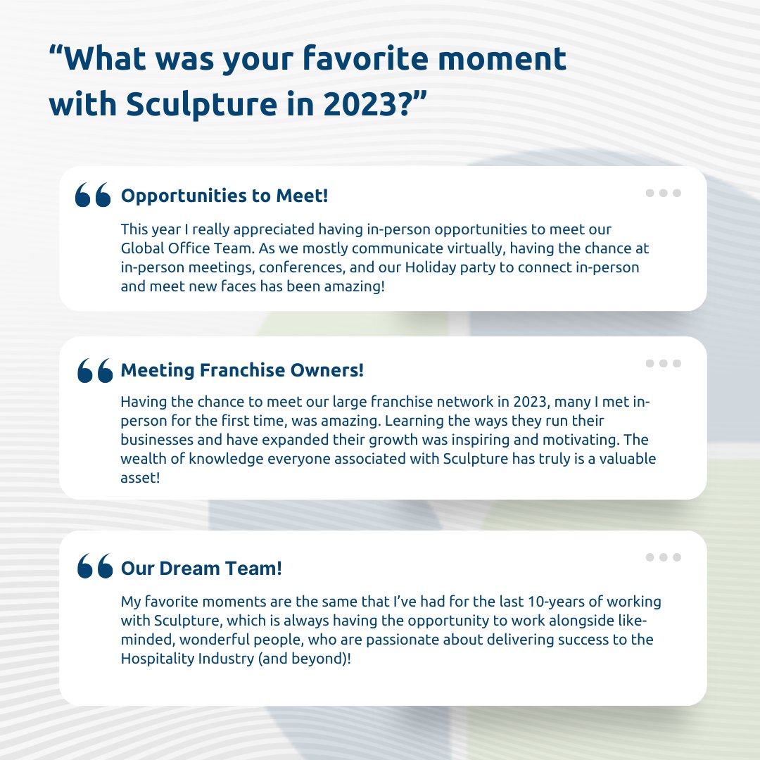 SculptureHQ's tweet image. 🌍✨ Reflecting on the incredible journey of 2023 with the #SculptureHospitality Global Office team! 

From challenges to triumphs, some members of our team share their favorite moments that made this year unforgettable. 

#Welcome2024 #TeamReflections #RemoteTeam #DreamTeam