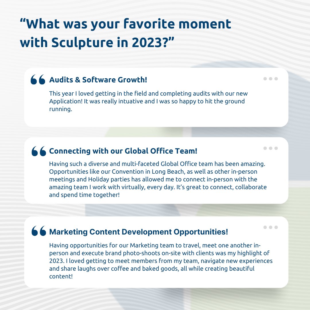 SculptureHQ's tweet image. 🌍✨ Reflecting on the incredible journey of 2023 with the #SculptureHospitality Global Office team! 

From challenges to triumphs, some members of our team share their favorite moments that made this year unforgettable. 

#Welcome2024 #TeamReflections #RemoteTeam #DreamTeam