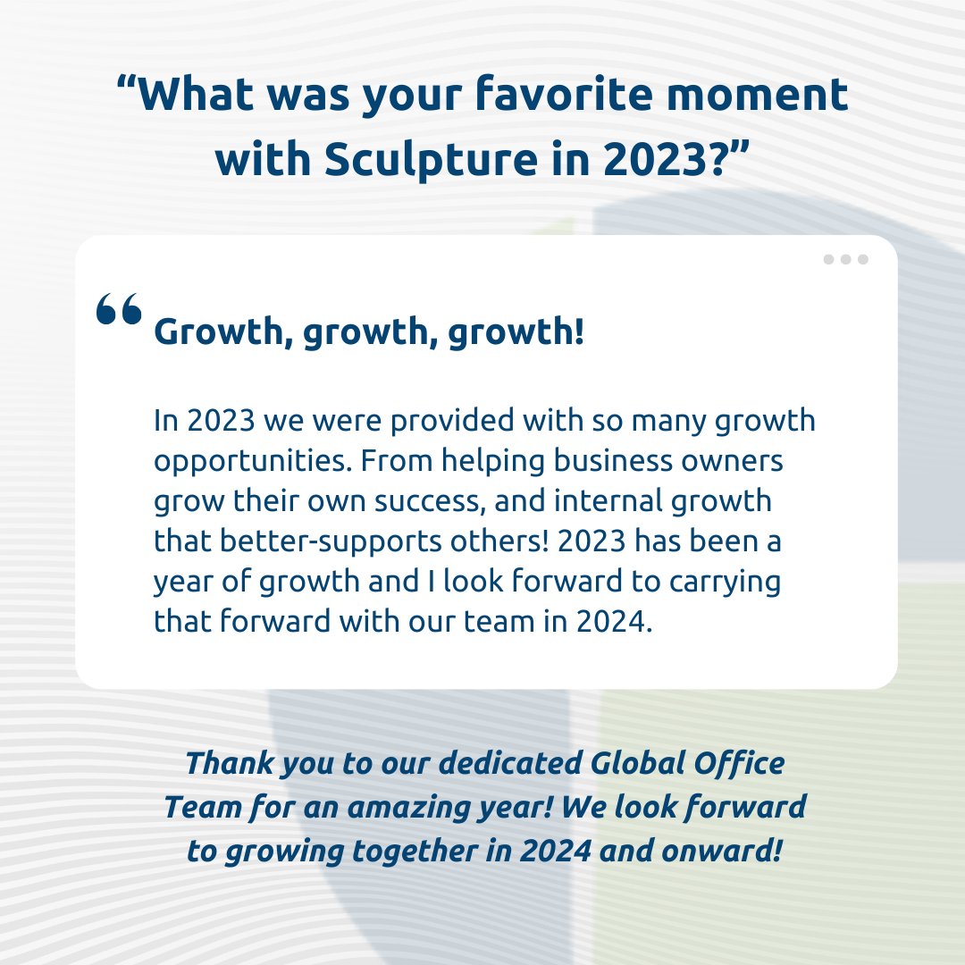 SculptureHQ's tweet image. 🌍✨ Reflecting on the incredible journey of 2023 with the #SculptureHospitality Global Office team! 

From challenges to triumphs, some members of our team share their favorite moments that made this year unforgettable. 

#Welcome2024 #TeamReflections #RemoteTeam #DreamTeam