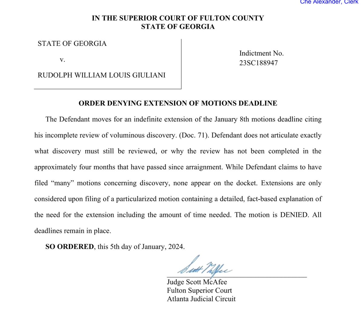 JUST IN: Judge Mcafee DENIES Rudy Giuliani's motion for extension of time to file pre-trial motions in Fulton County RICO case. The order follows a flurry of docket activity ahead of the upcoming Jan. 8 deadline for pre-trial motions.