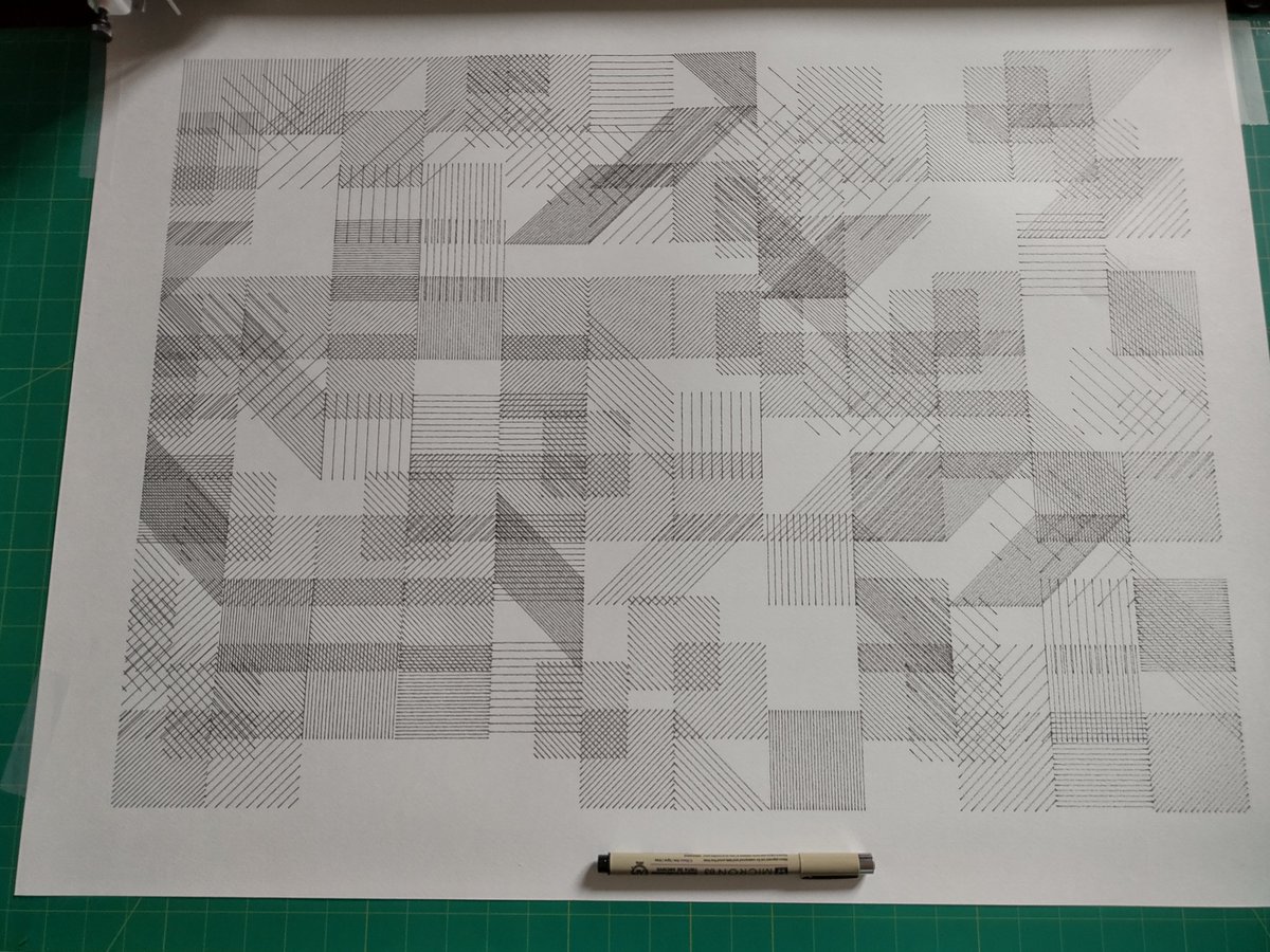 webspaceinvader's tweet photo. #genuary5 In the style of Vera Molnár (1924-2023). Today would be her 100th birthday. Fabriano Acid Free 160gsm paper Micron 0.3 pen #genurary #genuary2024 #penplot #generativeart #codeart https://t.co/7J8atQ2j7u