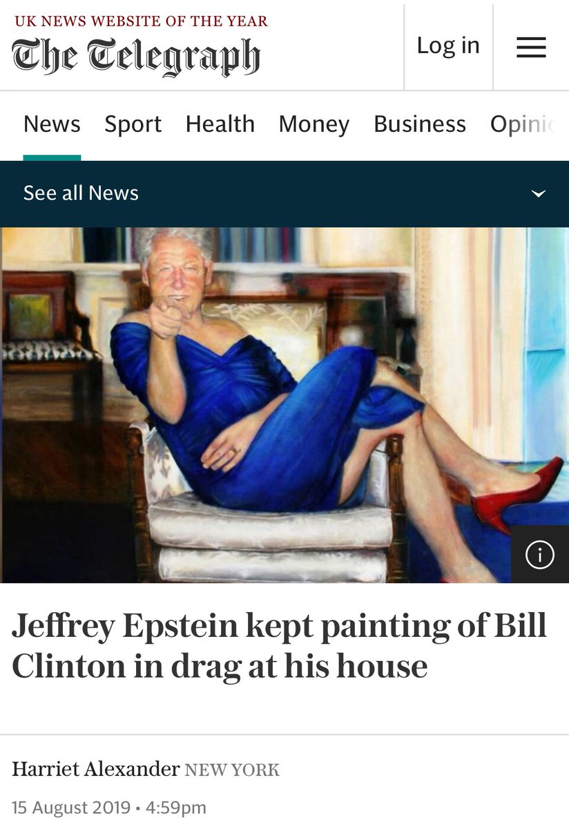 pitchpit8964's tweet photo. 恋童岛的主人Jeffrey Epstein家里挂了幅男克林顿的穿低胸裙、高跟鞋的图。

右派女律师评论：他把这样画前总统的图放在自己家，这是权力宣告，是在说“你是我的”。

当让一个全世界最有权力的男人穿成这样成这样、展示这种“媚态”给所有人看的时候，她很自然地知道这是“主权宣告”， https://t.co/FTuwI5SISV