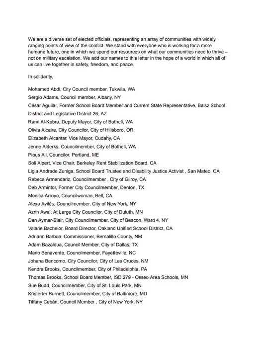 IMAGE: Screenshot of the second page of a letter from Local Progress address to President Joe Biden calling for a ceasefire. Read the full letter here: https://localprog.org/CeasefireNow