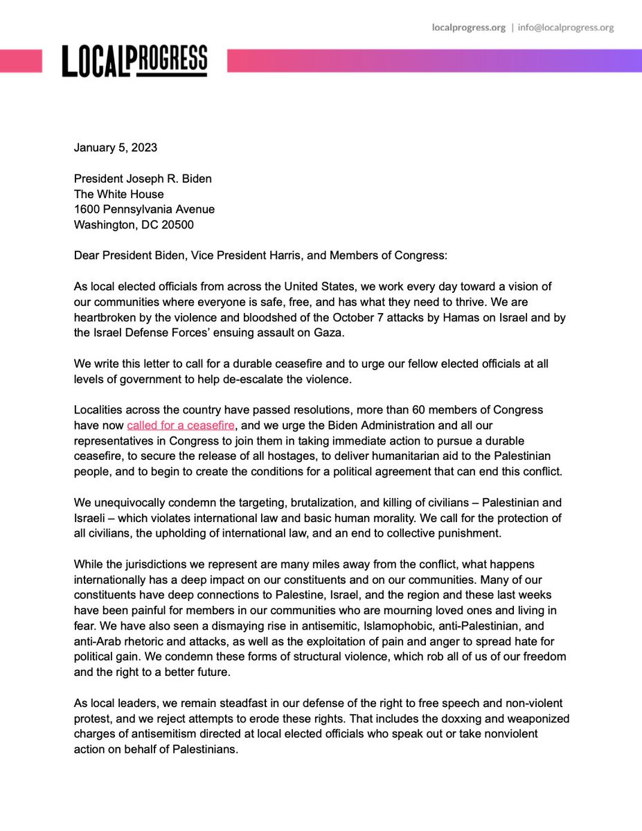 IMAGE: Screenshot of the first page of a letter from Local Progress address to President Joe Biden calling for a ceasefire. Read the full letter here: https://localprog.org/CeasefireNow