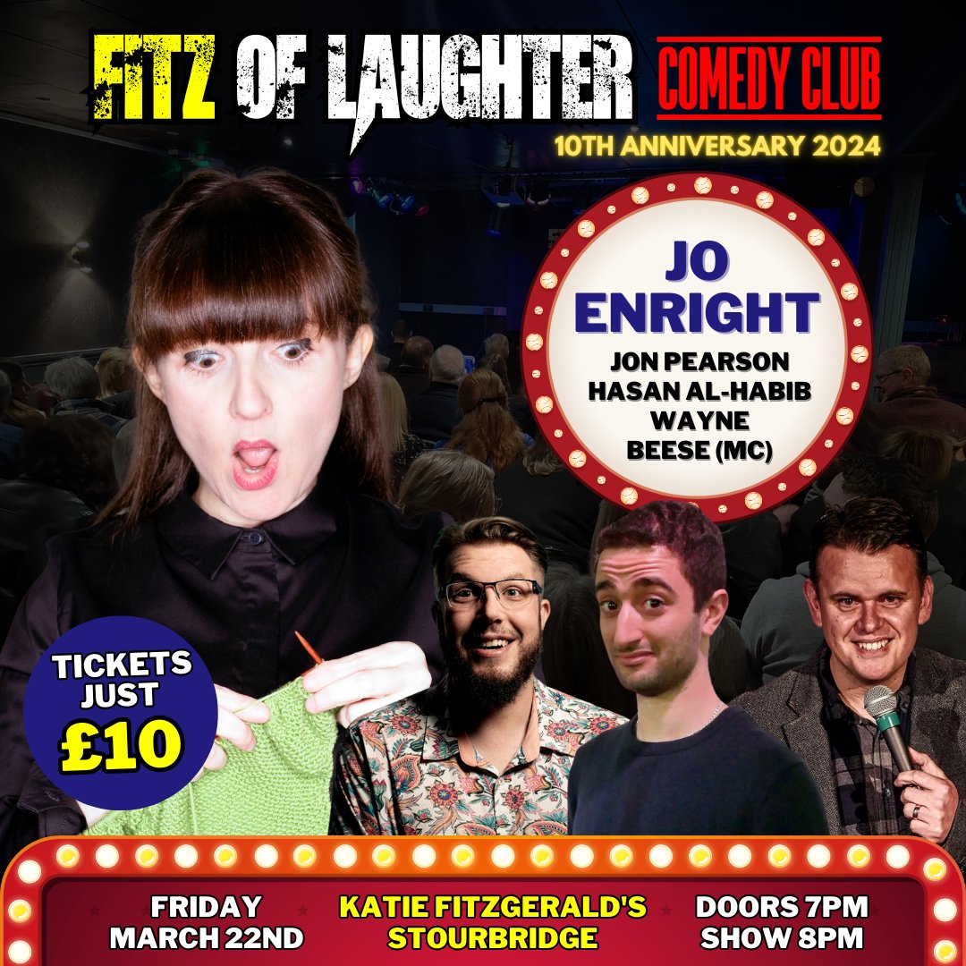 STOURBRIDGE: NEW SHOW ANNOUNCEMENT! Special £10 gig to celebrate our 10th anniversary year - book at funnybeeseness.co.uk Brummie @jo_enright (Phoenix Nights, Afterlife, The Job Lot) @jonnyp_comic and Hasan Al Habib, with @WaynoBeese as MC. Tickets flying out, get in quick!