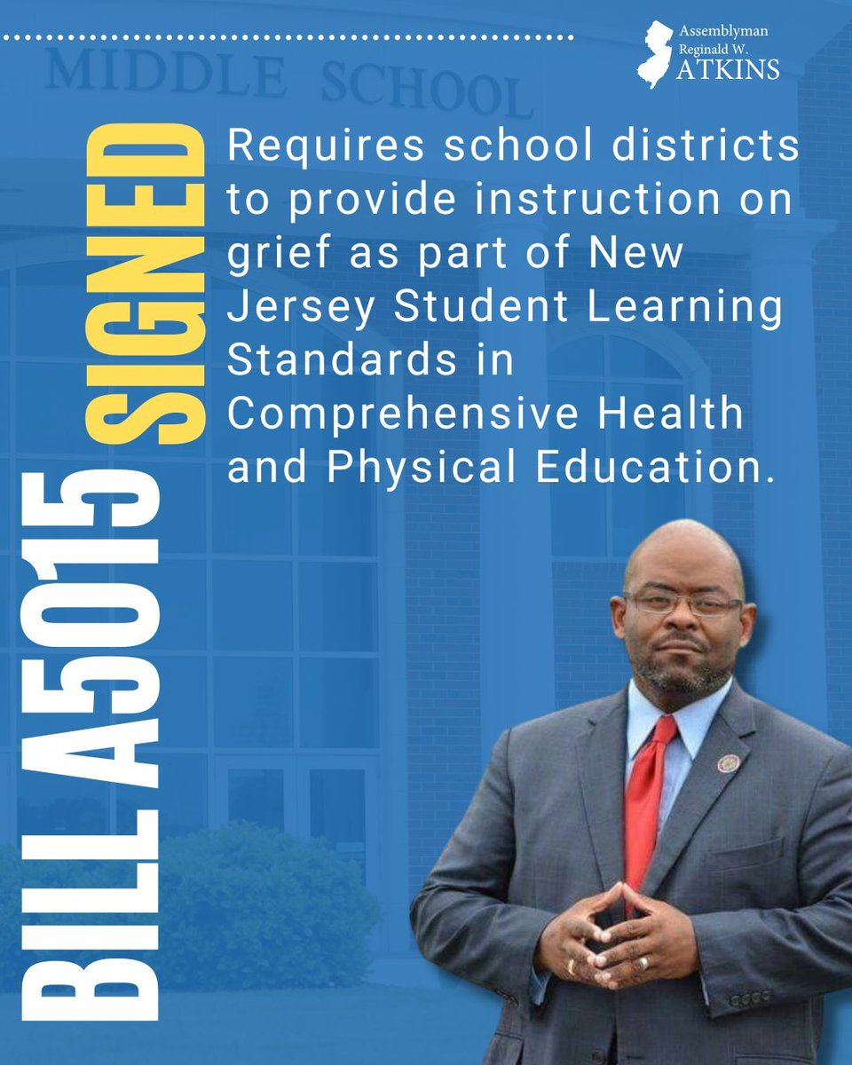 asmatkins's tweet photo. ✨ Big news! My bill has been signed into law! 
This legislation ensures that students in grades 8-12 receive comprehensive education on grief, including symptoms, coping mechanisms, and available resources.💙

 #ReginaldAtkins #NJ #LD20 #mentalhealth https://t.co/MdkR5CDUIl
