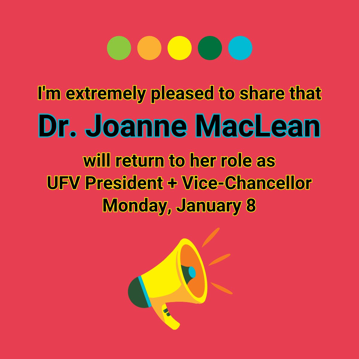 DrMandigoUFV's tweet photo. ๐๐ฃ๐
I am extremely pleased to share that Dr. Joanne MacLean will return to her role as UFV President + Vice-Chancellor on Mon, Jan 8. Many thanks to all who helped us ensure we continued #EngagingLearners, #TransformingLives + #BuildingCommunity during her absence.
#goUFV https://t.co/5XwmMMEzHf
