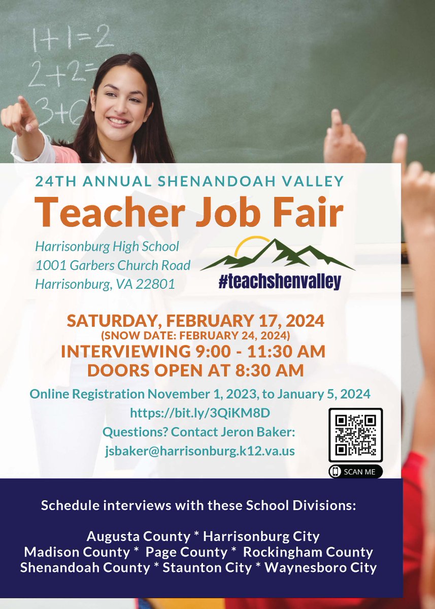 Information regarding the date and location for the 24th Annual Shenandoah Valley Teacher Job Fair located in Harrisonburg, Virginia on Saturday, February 17, 2024.