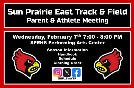 Informational meeting to get everyone on the same page as we head into the season.  We will discuss all the details to ensure everyone has a successful season.  If you are NEW to the program or on the fence about track, you definitely SHOULD attend the meeting.
<a href="/SPCardinals/">SP East Athletics and Activities</a>