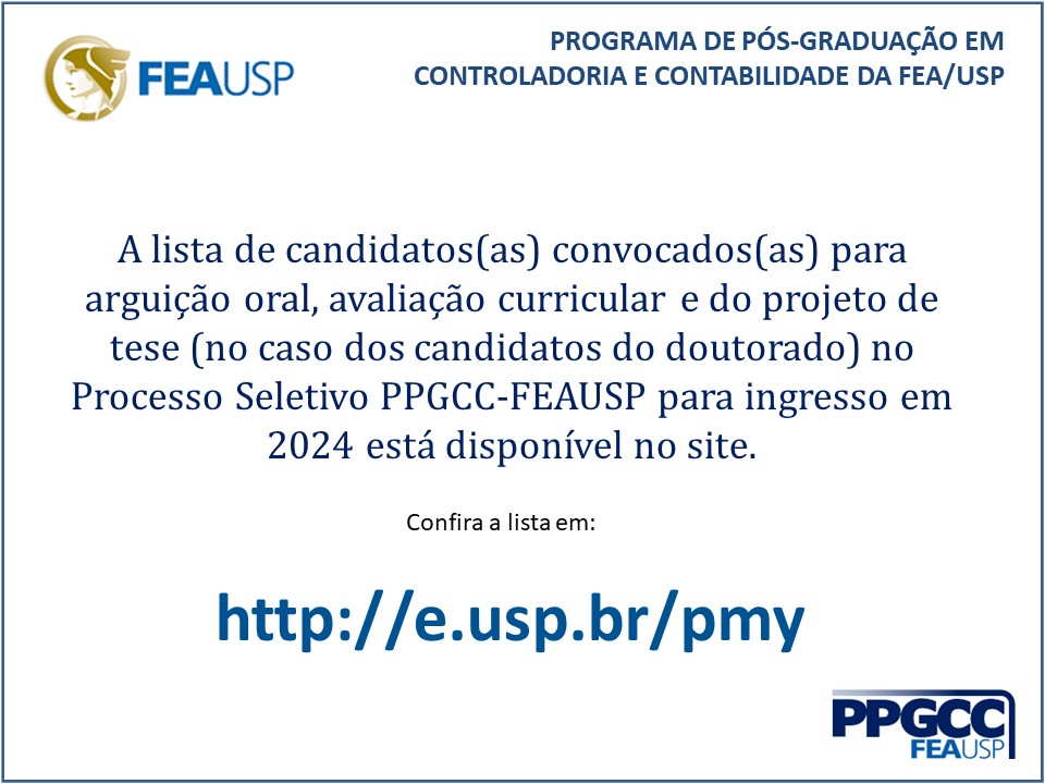 ppgccfea's tweet image. A lista de candidatos convocados para arguição oral, avaliação curricular e do projeto de tese (no caso dos candidatos do doutorado) no Processo Seletivo PPGCC-FEAUSP para ingresso em 2024 está disponível no site do PPGCC-FEAUSP.
Confira a lista em: e.usp.br/pmy