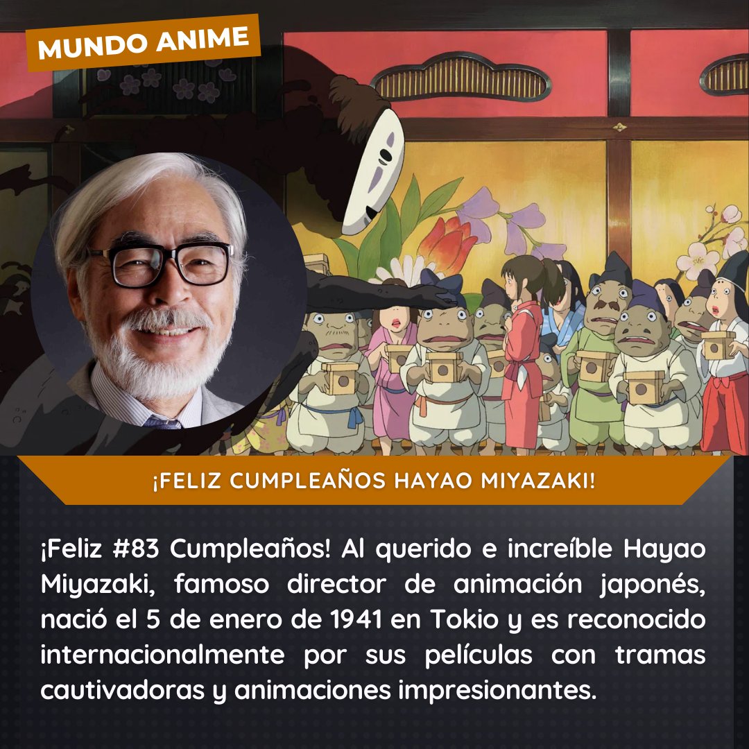 KitorimatsuGame's tweet photo. ¡Feliz Cumpleaños Hayao Miyazaki!, director japonés de animación, nació el 5 de enero de 1941 en Tokyo. Sus películas son famosas por sus tramas atrapantes y animaciones impresionantes.  

#HayaoMiyazaki #StudioGhibli #Miyazaki #AnimeMaestro #MaestroDelAnime #MiyazakiMagic https://t.co/lRV4ZeWfeo