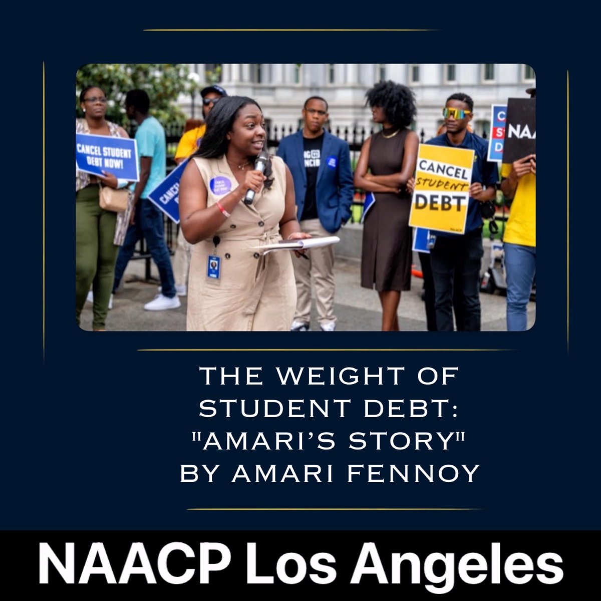 Facing the weight of student debt can feel overwhelming. Read Amari Fennoy’s powerful op-ed  to understand the impact. 
✊🏾The Weight of Student Debt: Amari’s Story
naacplosangeles.org/f/the-weight-o…

 #cancelstudentdebt #LosAngeles #California #StudentDebtCrisis #HigherEducation #OpEd