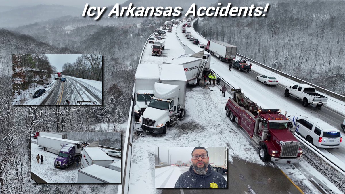 LiveStormsMedia's tweet photo. NEW VIDEO: https://t.co/hd5mpM5ZA5
Licensing available @LiveStormsMedia 

Crazy accidents near #Winslow, #Arkansas this morning where an early morning winter storm struck.  The I-49 corridor and surrounding roads are a mess.  @brianemfinger is on scene!  #LSMwx #ARwx #Winterstorm #Snow #Travel