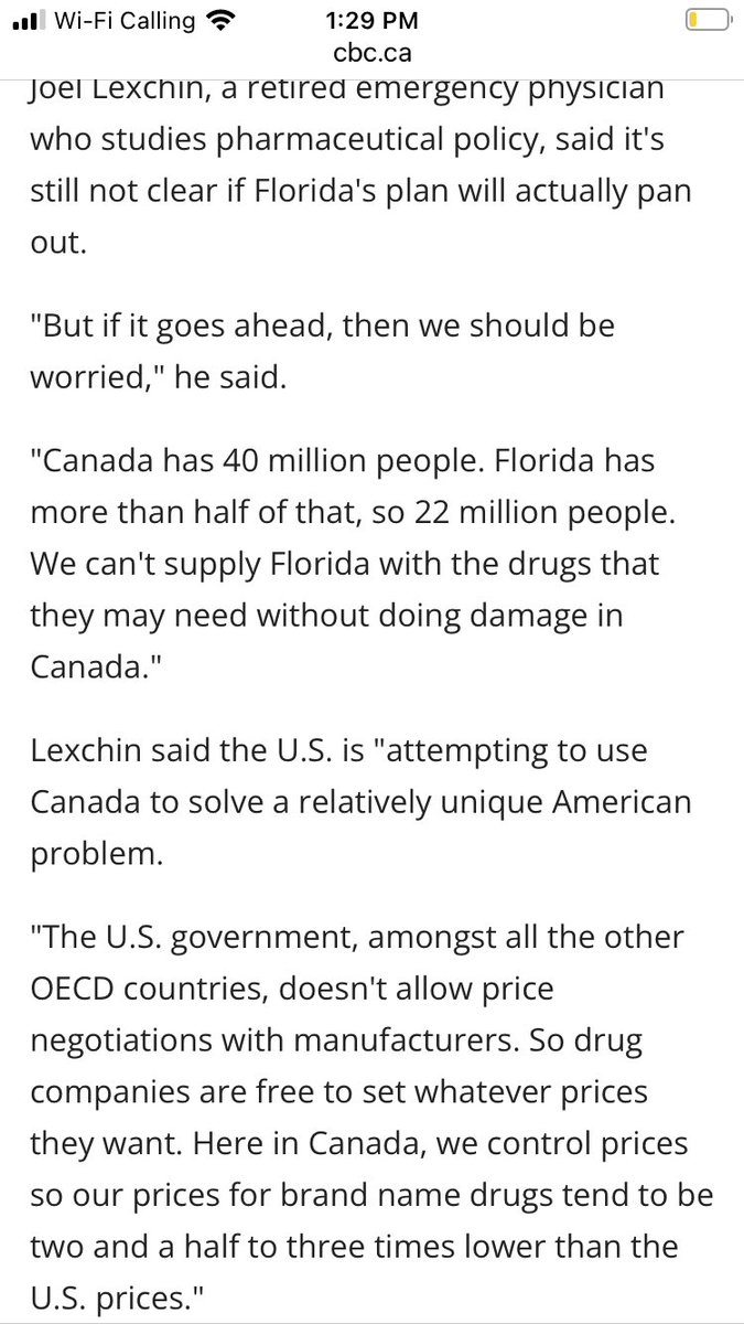 Canada’s take on Florida buying our cheaper drugs. Maybe the US should instead implement Canadian style price controls on drugs rather than keeping its free market and trying to profit from our regulations, inevitably causing shortages in Canada. cbc.ca/amp/1.7075392