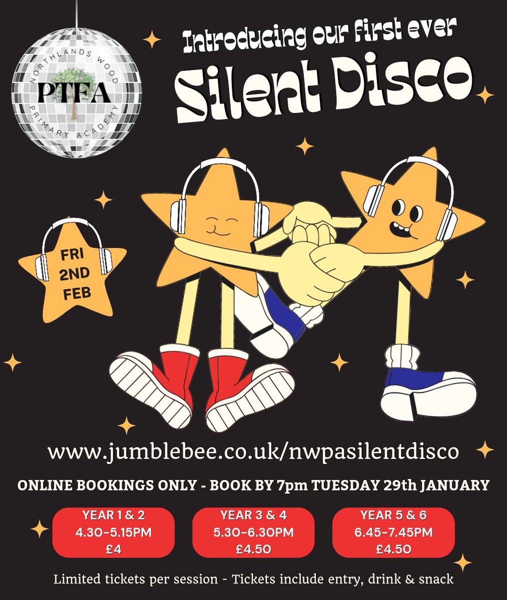 🎉 We are so excited to announce the PTFA's first ever Silent Disco on Friday, 2nd February! 🪩🎧 Yr1/2: 4:30-5:15pm - £4.00 Yr3/4: 5:30-6:30pm - £4.50 Yr5/6: 6:45-7:45pm - £4.50 🎫 Tickets are limited, buy at jumblebee.co.uk/nwpasilentdisco (includes entry, snack, and drink! 🕺🏻💃)