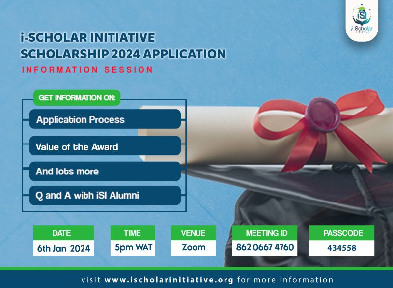 3 Days To Go!!

The i-Scholar Initiative (iSI) scholarship application portal opens on January, 8th, and we encourage everyone interested in this scholarship to attend the information session on Saturday, 6th Jan 2024, at 5 pm WAT.