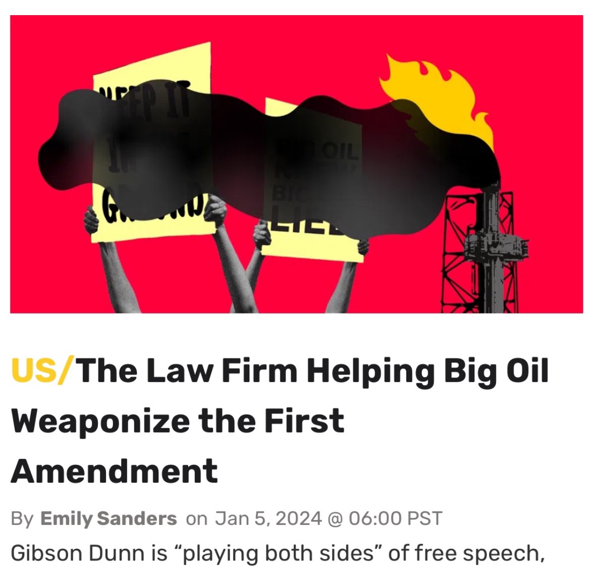 BREAKING: Brilliant expose from journalist @emdashsanders on how US law firm Gibson Dunn uses illegal intimidation to attack the climate movement on behalf of the oil industry. Chevron used this law firm to illegally detain me for 3 years. 

Chilling.⬇️
desmog.com/2024/01