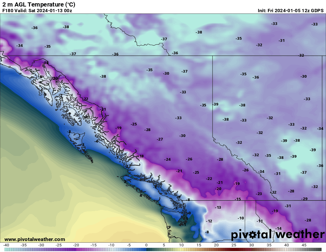 Winter finally arrives.  Next week.  This is one model's temperature outlook for 6:00 pm next Friday, January 12.  There is a good chance these temps will change. Slightly.  What WON'T change, though, is the fact we need to prepare for bitter cold.  #pluginthecar  #yyc #abstorm