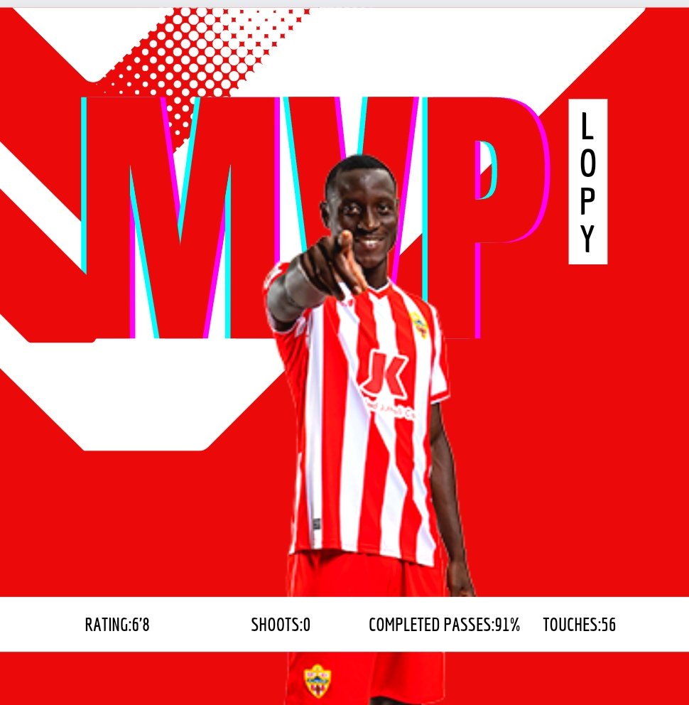 😄Habéis elegido a Dion Lopy como MVP del Osasuna Almería del Almería.
El senegalés recibe su primera MVP.
 👏Enhorabuena <a href="/DionLopy/">Dion Lopy</a>