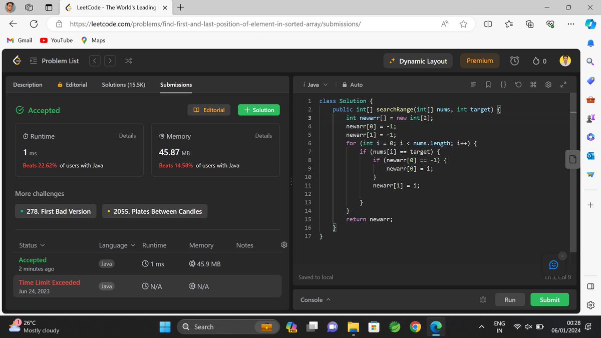 SanjitKumar49's tweet photo. Question no: 34 Find First and Last Position of Element in Sorted Array
 #leetcode #DSA #Java https://t.co/b1xnfvI30y