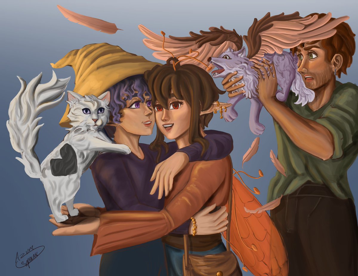 Azure_Sphinx's tweet photo. Pls they’re so cute I love them. These guys are for sure my favorite ocs, this took forever, but a group photo would fail spectacularly like this for sure if they tried to take one #originalcharacters #characterart https://t.co/s0sqCbPmDl