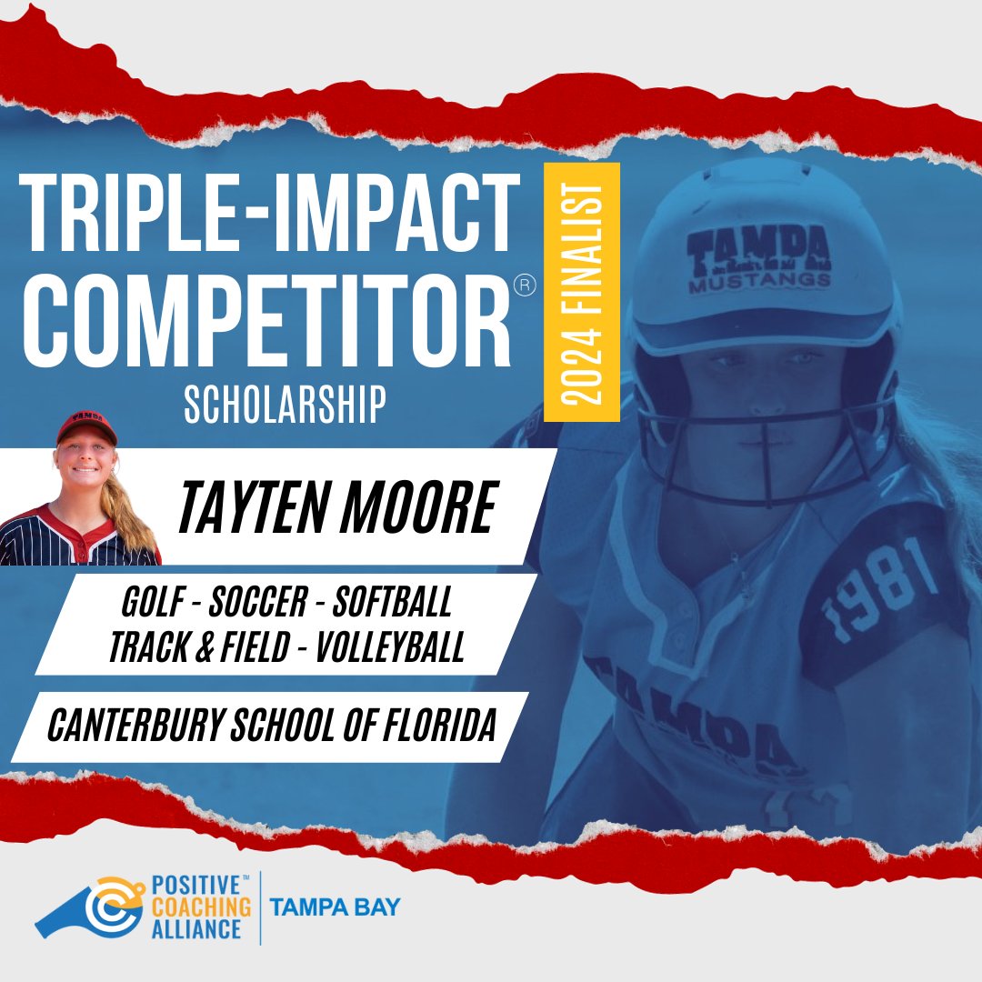 Positive Coaching Alliance - Tampa Bay (@pca_tampabay) on Twitter photo Today's 1st Finalist Highlight for the 2024 Triple-Impact Competitor Program Awards is Tayten Moore from Canterbury School of FL. Tayten is a multi-sport athlete who competes in Golf, Soccer, Softball, Track & Field and Volleyball. Congrats Tayten! <a href="/TaytenMoore/">Tayten Moore</a> <a href="/TampaMustangs/">Tampa Mustangs</a> Today's 1st Finalist Highlight for the 2024 Triple-Impact Competitor Program Awards is Tayten Moore from Canterbury School of FL. Tayten is a multi-sport athlete who competes in Golf, Soccer, Softball, Track & Field and Volleyball. Congrats Tayten! <a href="/TaytenMoore/">Tayten Moore</a> <a href="/TampaMustangs/">Tampa Mustangs</a>