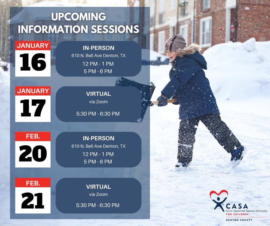 CASADenton's tweet image. You can make a difference in a child's life this year by attending one of our information sessions. Ask all your questions and learn the difference that a volunteer Advocate can make for children.
Sign up for your information session at ow.ly/p1hI50Qle2W.

#BecomeACASA