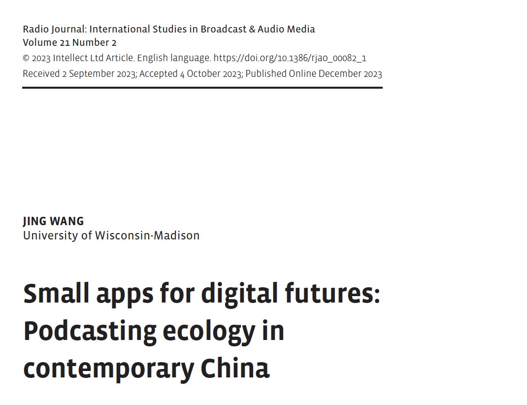 JingWang0815's tweet photo. 💫New Publication
My article "Small apps for digital futures: Podcasting ecology in contemporary China" examine podcasters’ use of what I call small app infrastructures and other digital platforms.
#podcast #SmallApps #China
https://t.co/yddomkPXJJ https://t.co/HtpUQG0cKF
