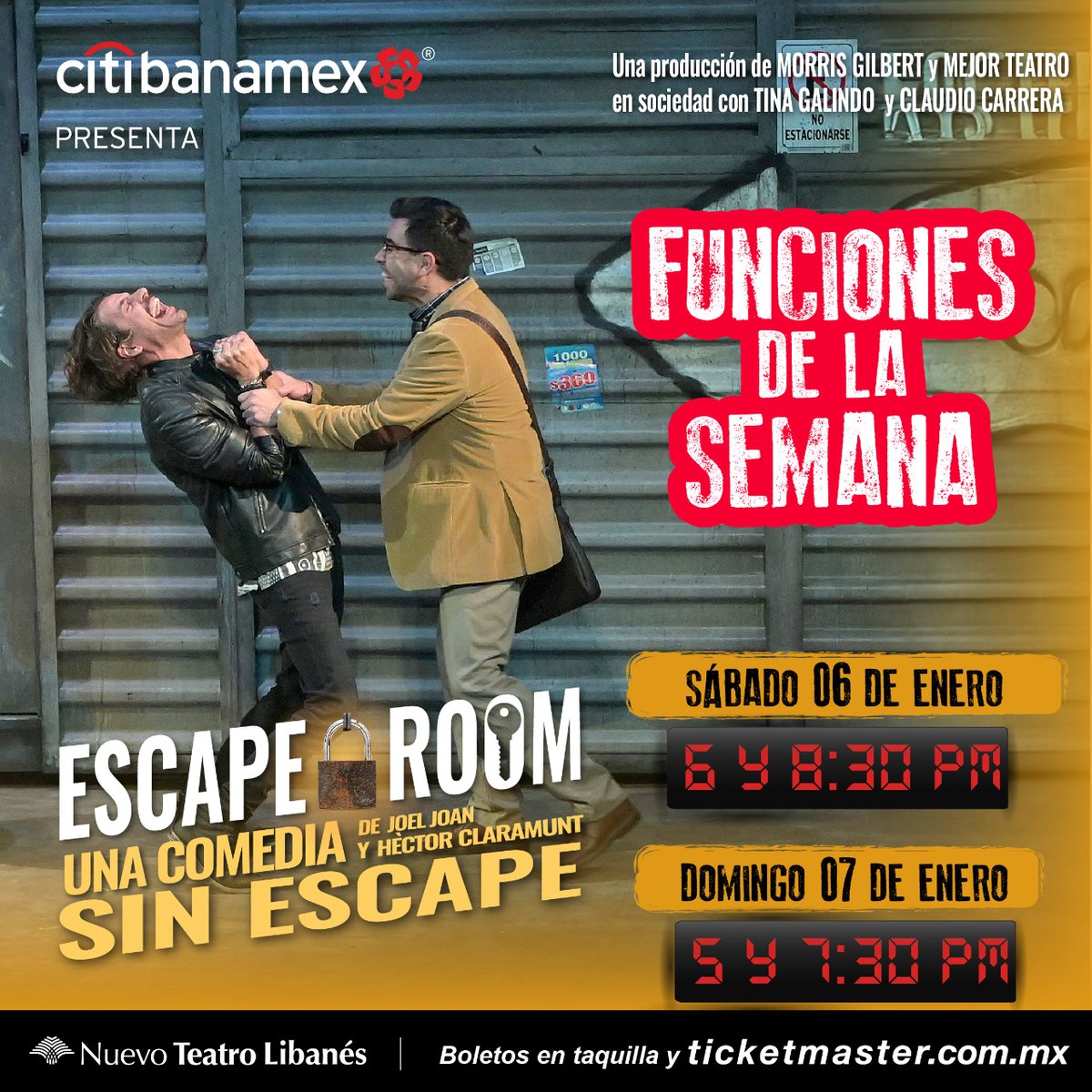 Para encontrar el camino hacia la libertad en este #EscapeRoom, Lalo, Marina, Vicky y Ray tendrán que contar sus más oscuros secretos antes de que se agote el tiempo.

📍 N. Teatro Libanés
📆 6 de Ene. | ⏰ 6 y 8:30 p.m.
📆 7 de Ene. | ⏰ 5 y 7:30 p.m.
🎟️ bit.ly/EscapeRoomBole…